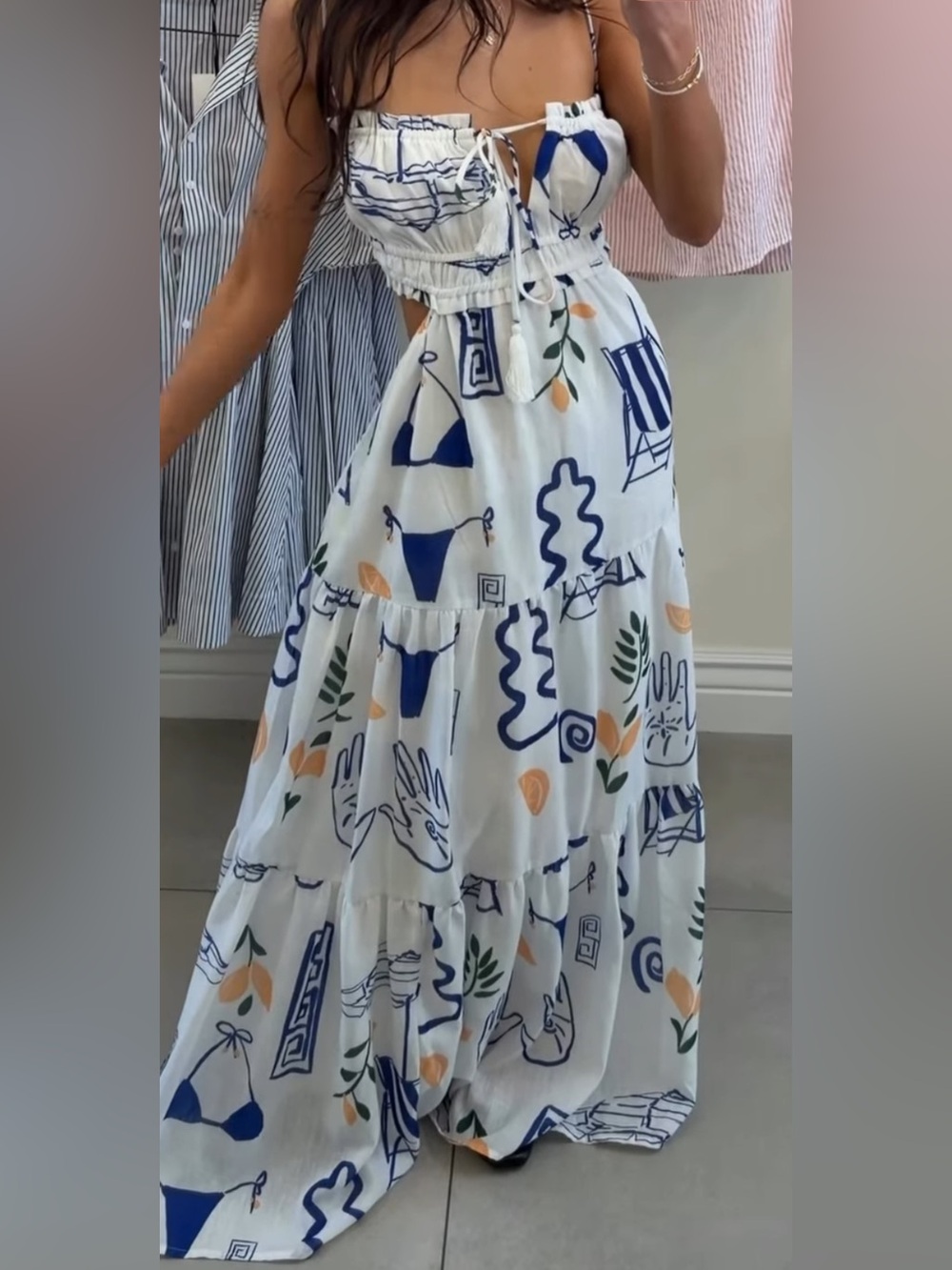 White Tiered Maxi Skirt with Blue & Peach Abstract Print